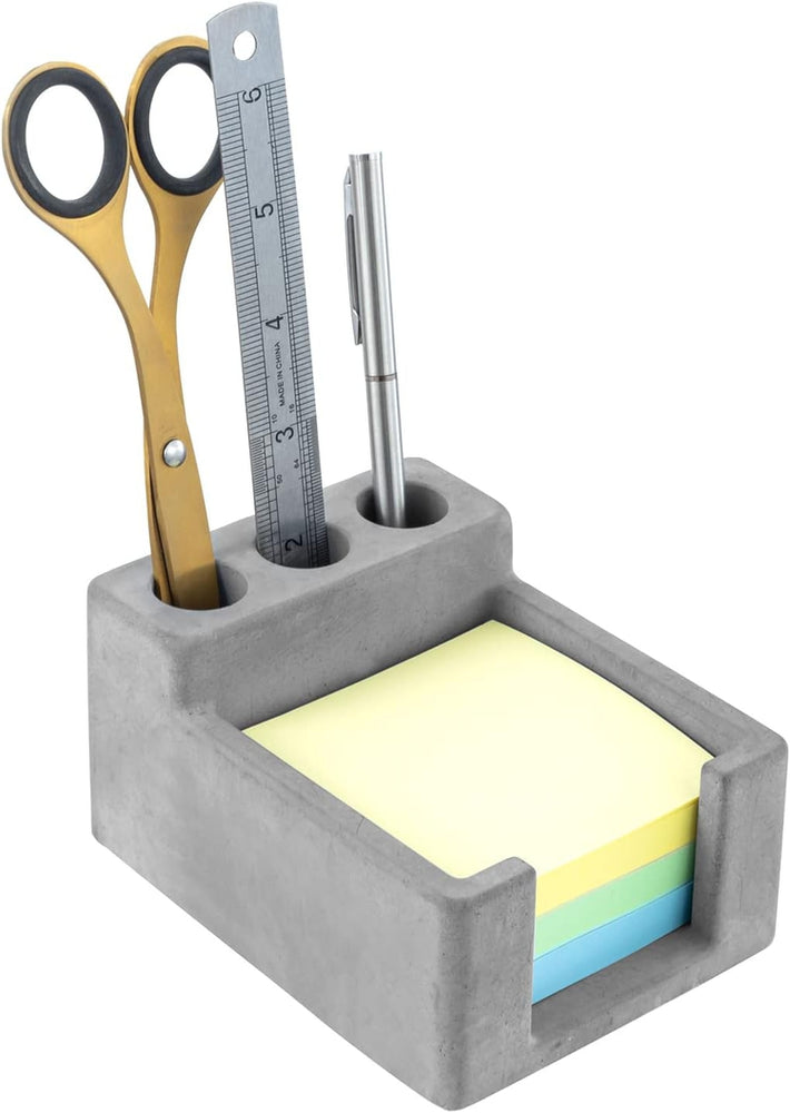 Desktop Gray Concrete Sticky Note Holder with 3 Pen Slots, Memo Pads Organizer-MyGift