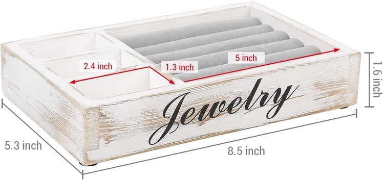 Whitewashed Wood Jewelry Organizer Box, Storage Tray with Decorative Cursive JEWELRY Label Design-MyGift