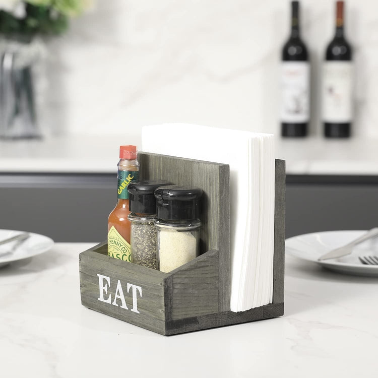 2 Compartment Gray Wood Napkin Holder Rack with Spice Shakers, Condiment Bin and Bold White Printed EAT Lettering-MyGift