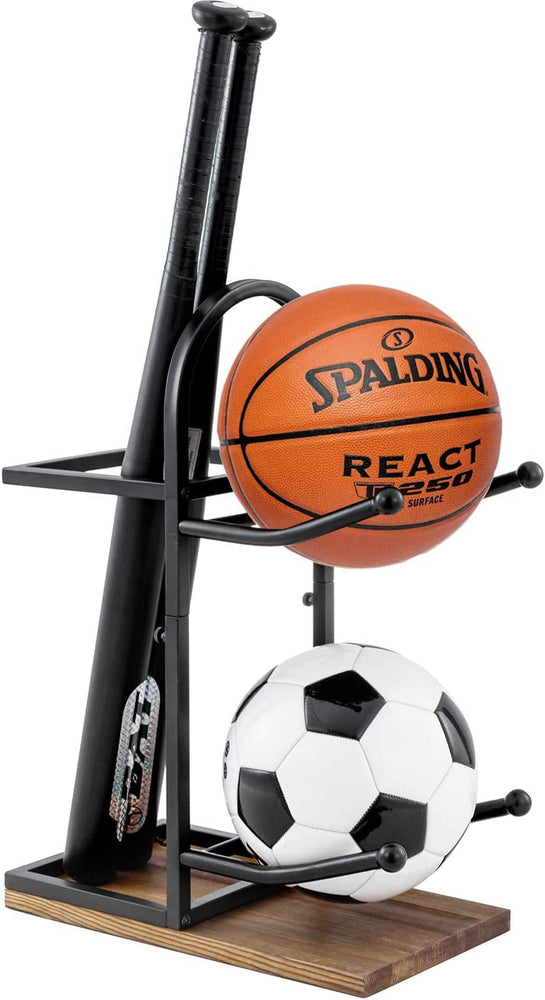 Burnt Wood and Black Metal Sports or Medicine Ball Rack, Freestanding Gym and Fitness Equipment Storage-MyGift