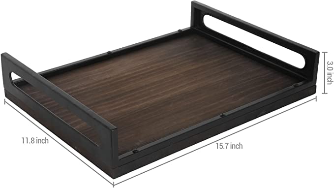 Wood Serving Tray with Cutout Handles, 16 x 12 Inch Matte Black Metal and Burnt Brown Wooden Party Server Tray-MyGift
