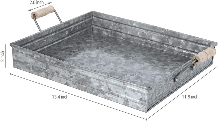 Square Galvanized Metal Decorative Tray with Mango Wood Handles, Farmhouse Serving Tray-MyGift