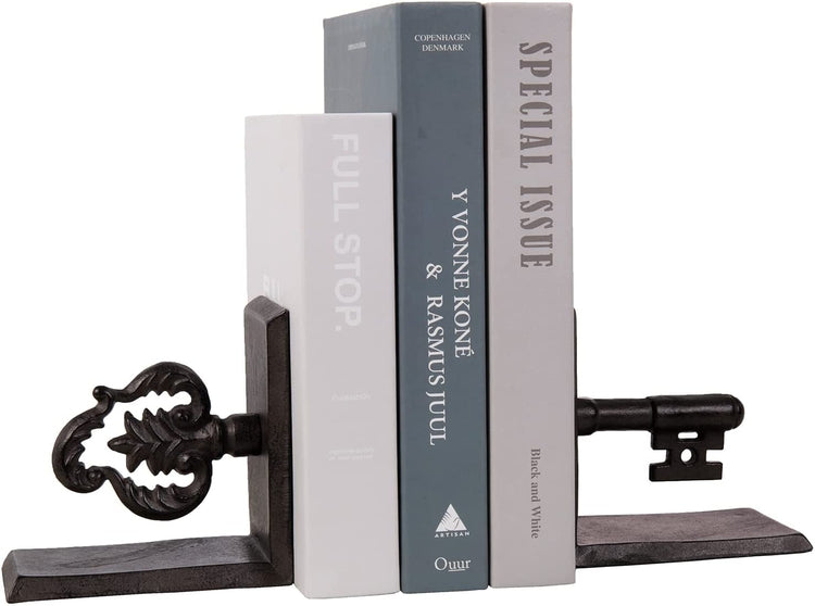 Dark Brown Cast Iron Decorative Bookends with Vintage Key Design, Heavy Duty Book Stand, 2 Piece Set-MyGift