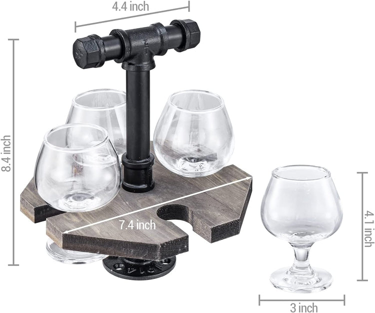 Industrial Pipe and Weathered Gray Wood Beer, Whiskey Flight Set with 4 Glasses-MyGift