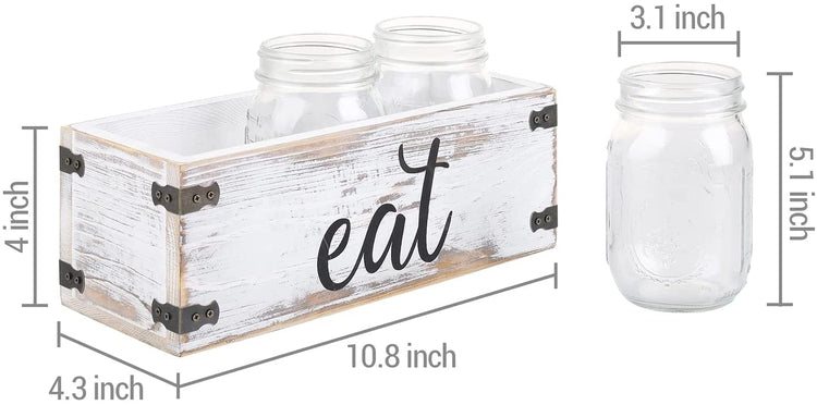 Whitewashed Wood and 3 Glass Mason Jar Dining Utensils Holder with "EAT" Cursive Writing Label-MyGift