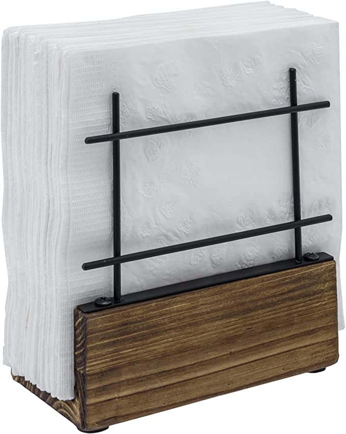 Napkin Holder Freestanding Metal Tabletop Tissue Dispenser with Brown Wood Base and Matte Black Metal Wire Grid-MyGift