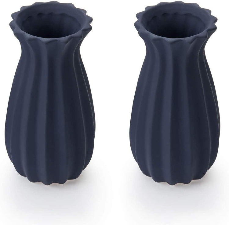 Set of 2, Matte Navy Blue Tulip Design Ribbed Ceramic Flower Vases-MyGift