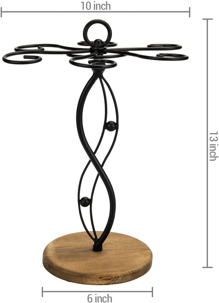 Black Metal Decorative Tabletop Stemware Wine Glass Display Rack with Rustic Wood Base & 6 Hooks-MyGift