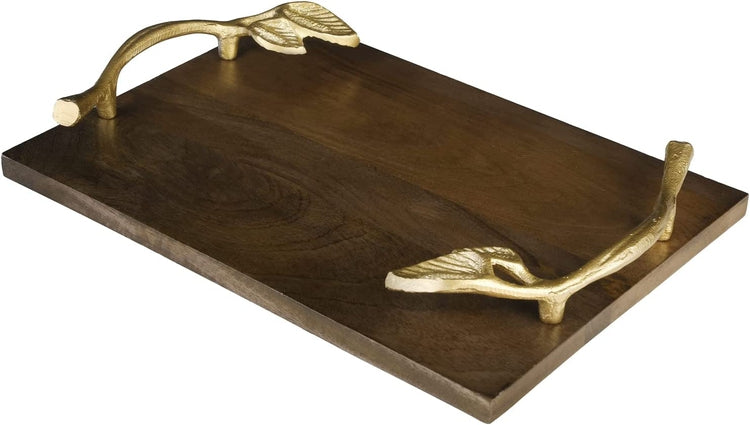 Wooden Serving Tray, Mango Wood Tray with Elegant Gold Leaf Metal Handle Decorative Coffee Table Display Platter-MyGift