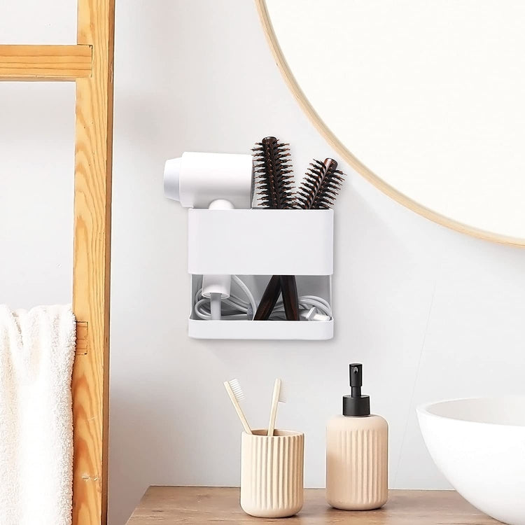 2-Slot White Metal Wall Mounted Hair Care Tool Organizer for Blow Dryer, Curling Iron, Straightener-MyGift