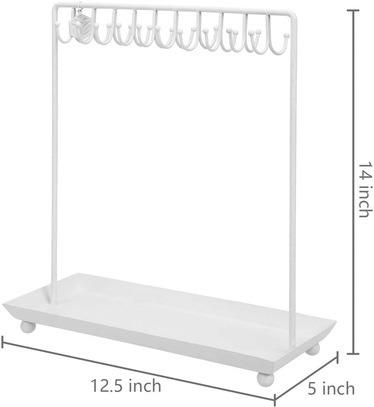 14 Inch 20-Hook White Metal Necklace Display Organizer with Ring Tray, Jewelry Storage Rack-MyGift