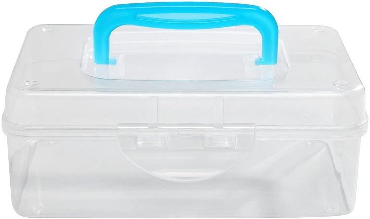 Multi Purpose Clear Plastic Travel Storage Box, Blue Handle Portable Transparent Container Bin-MyGift