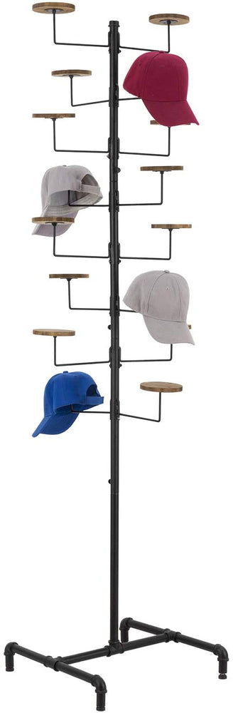 16-Hook Industrial Black Metal Pipe Customizable Hat and Wig Display Rack with Wood Holders-MyGift