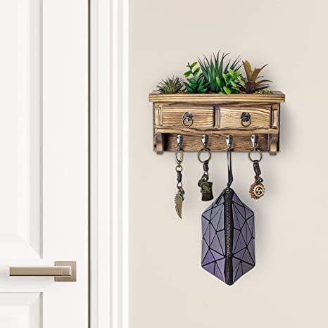 Wall Mounted Rustic Burnt Wood Entryway Organizer, Key Hook Rack with Artificial Succulent Arrangement and Vintage Drawer Accent-MyGift