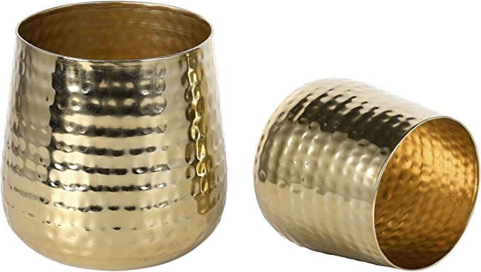 Decorative Indoor Plant Pot with Handcrafted Hammered Design, Brass Metal Succulent Planter, 2 Piece Set-MyGift
