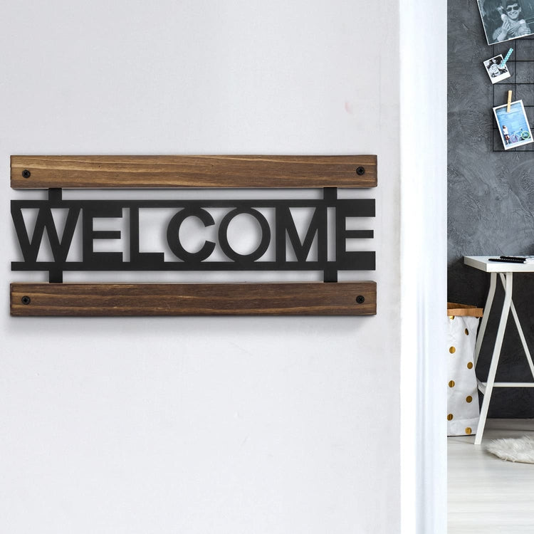 Burnt Wood and Industrial Matte Black Metal Wall Mounted "WELCOME" Letter Sign Hanging Entryway Decoration-MyGift