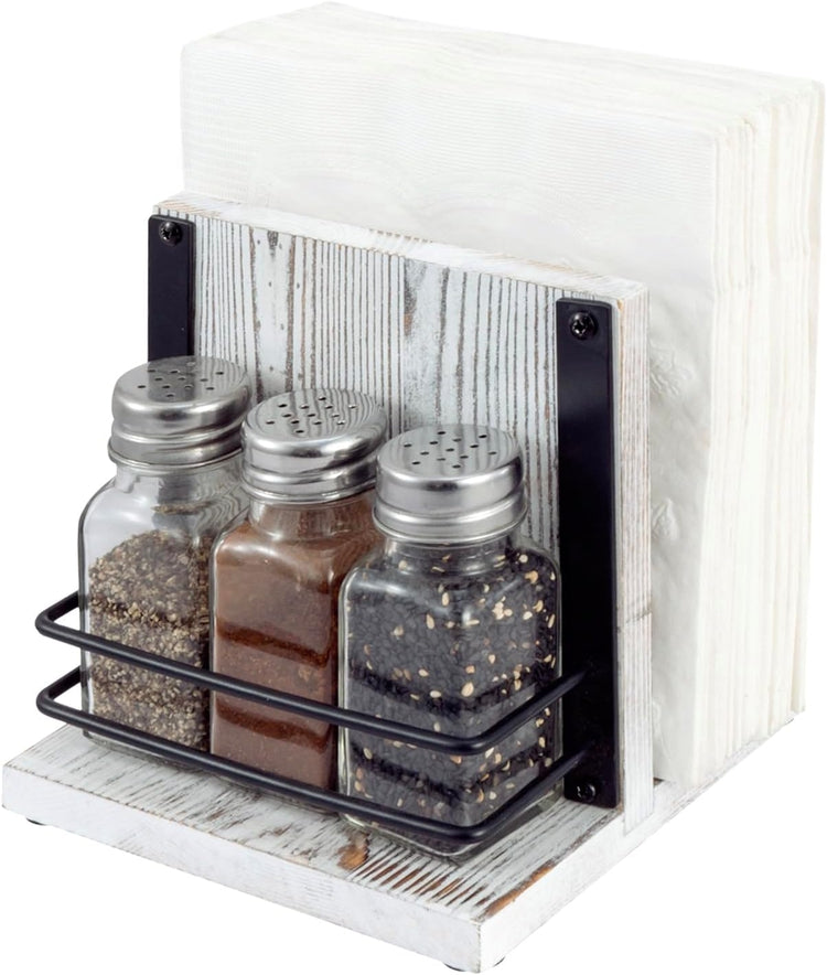 Whitewashed Wood Napkin Dispenser Stand with Matte Black Wire Condiment Caddy, 3 Shakers for Salt, Pepper, or Spices-MyGift