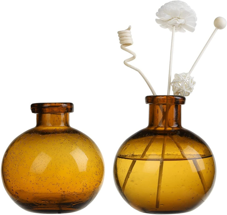 Set of 2, 5 inch Mid-Century Modern Amber Tinted Bulb Glass Decorative Diffuser Bottles, Flower Bud Vases-MyGift