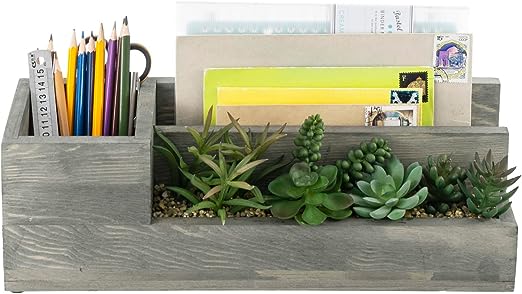 Gray Wood Desktop Organizer with Artificial Mini Succulent Plants, Mail Sorter and Office Stationery Holder-MyGift