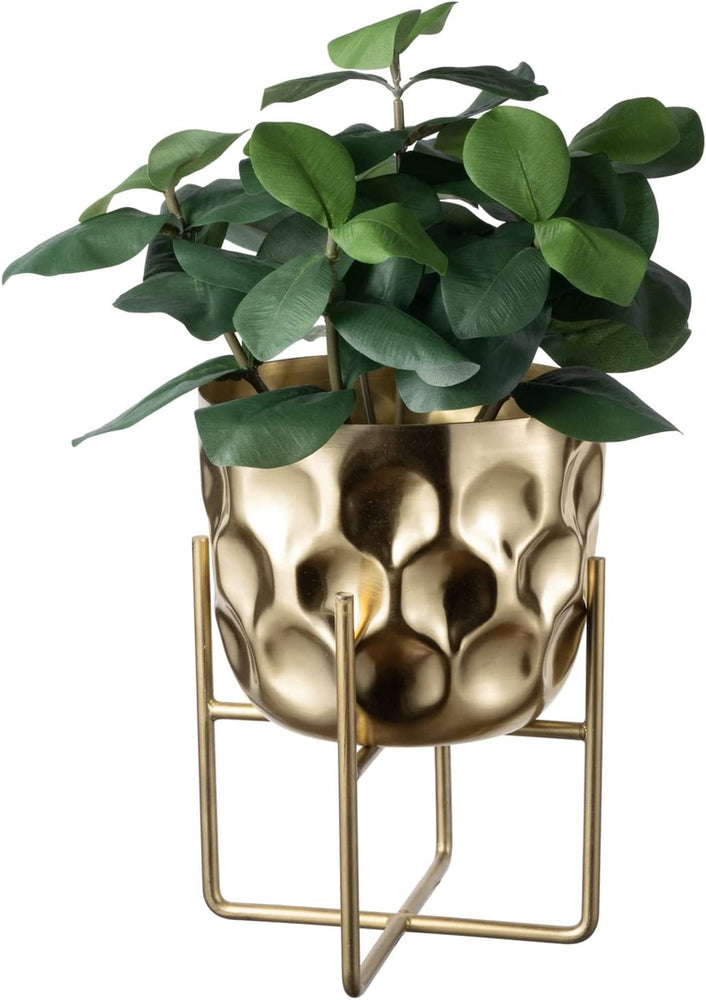 7 Inch Hammered Brass Tone Metal Flower Planter Pot with Decorative Riser, Plant Pot with Display Stand-MyGift