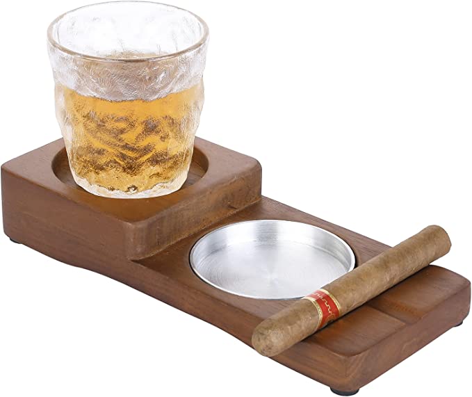 Wood Cigar Holder with Silver Metal Ashtray and Scotch Glass Wooden Coaster Tray, Cigar Whiskey Accessory Set-MyGift