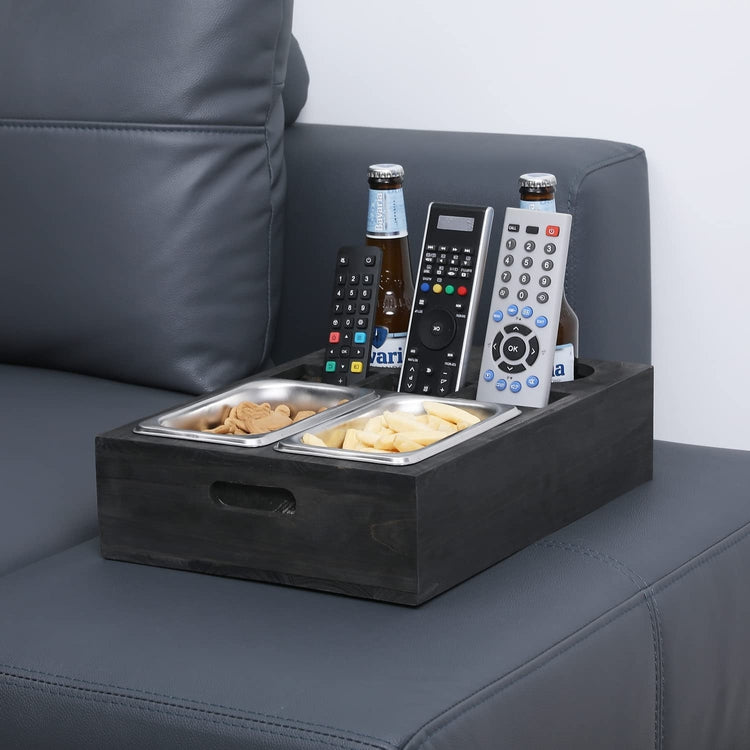 Weathered Gray Wood Sofa Snack Caddy, All-One Serving Crate Tray with 2 Cup Holders and 3 Remote Control Slots-MyGift