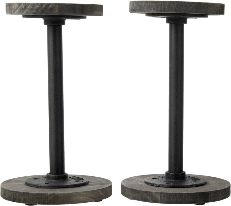 Set of 2, Weathered Gray Wood Hat Stand with Industrial Black Metal Pipe, Tabletop Wig Holder Rack Pedestal Riser-MyGift