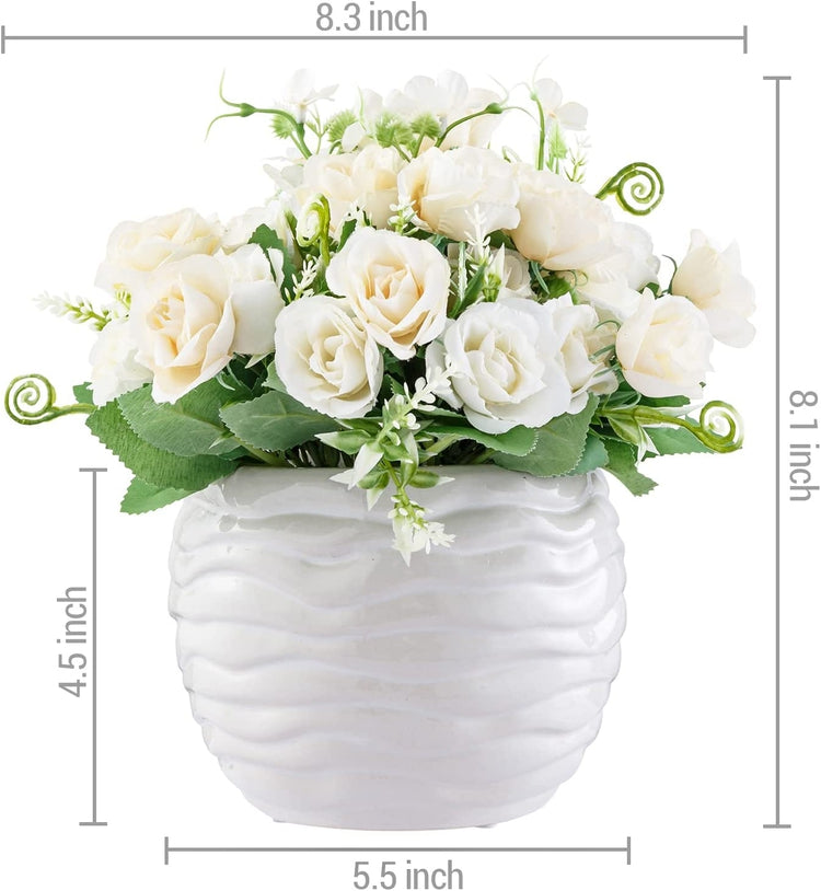 Fake Flower Arrangement in Vase, Artificial White Roses Bouquet with Round Ribbed Pattern Embossed White Ceramic Vase-MyGift