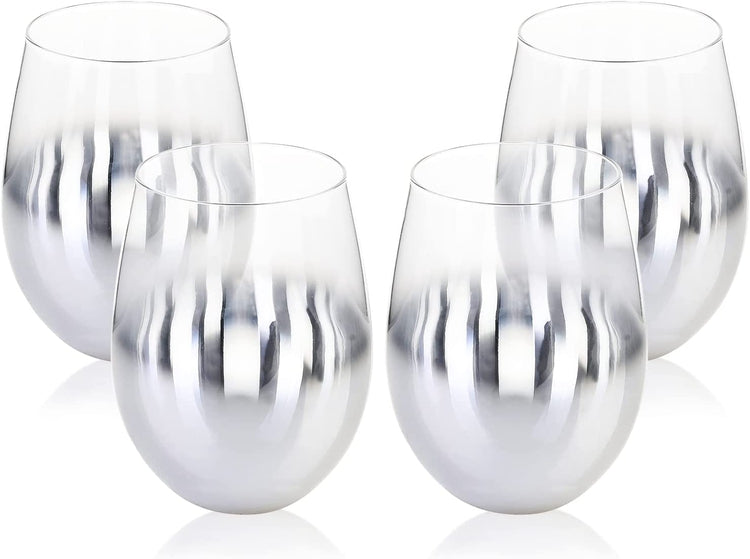 Set of 4, Stemless Wine Glasses with Silver Metallic Smokey Gradient Ombre Design-MyGift