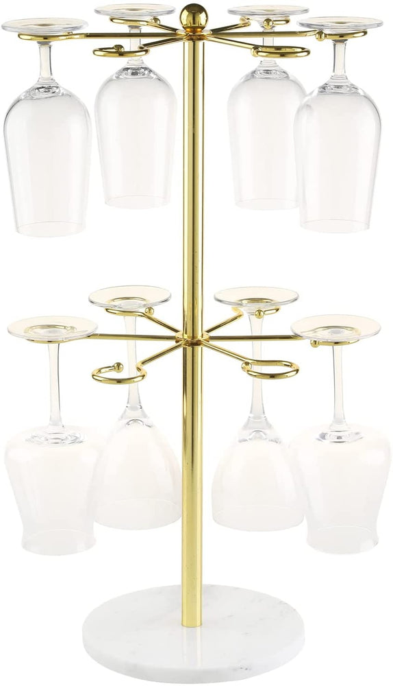 2 Tier Tabletop Wine Glass Hanger Holder, White Marble and Brass Plated Wire Stemware Display Rack-MyGift