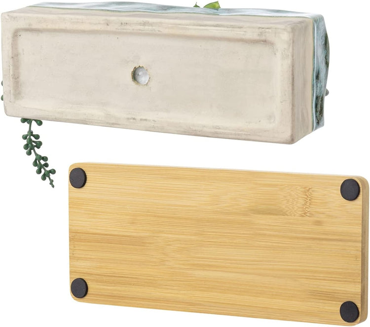 Artificial Assorted Succulent Arrangement in Rectangular Glazed Ceramic Window Box Planter with Removable Bamboo Tray-MyGift