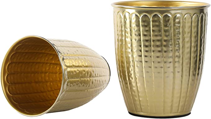 Set of 2 Art Deco Style Hammered Brass Tone Metal Round Flower Vases/Planter Pots-MyGift
