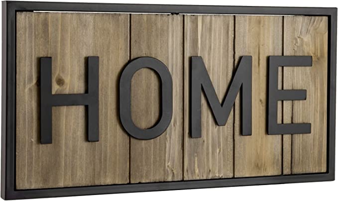 Hanging Entryway Décor, Home Cutout Lettering Sign Weathered Brown Wood and Matte Black Metal-MyGift