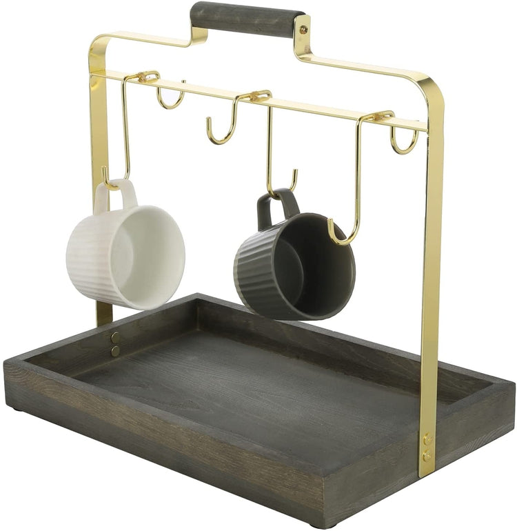 Coffee Mug Rack with 6 Hooks, Cup Holder Stand with Brass Tone Metal Frame and Weathered Gray Wood Bottom Storage Tray-MyGift