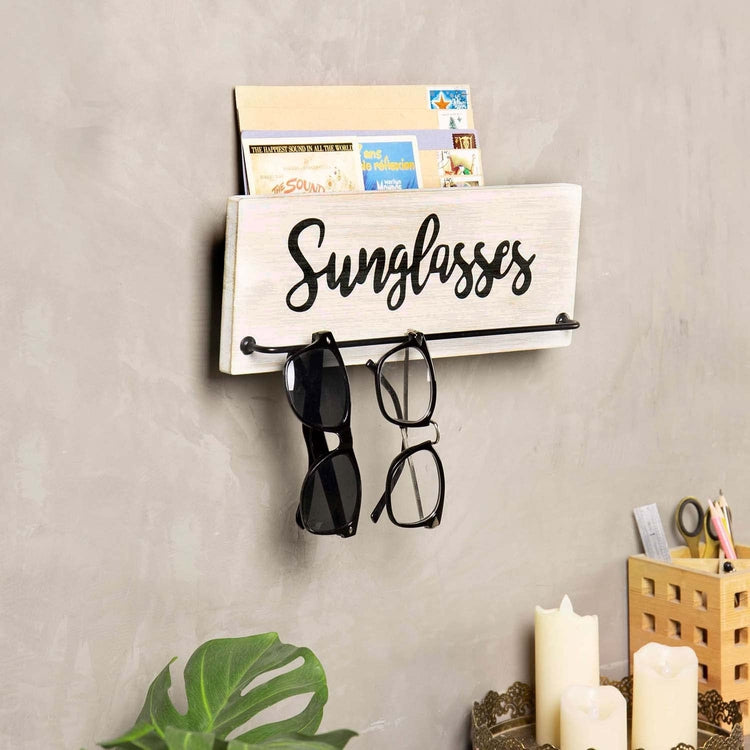 Whitewashed Wood Wall Mounted Sunglasses Rack and Mail Sorter Bin with Metal Hanging Bar and Cursive Sunglasses Label-MyGift