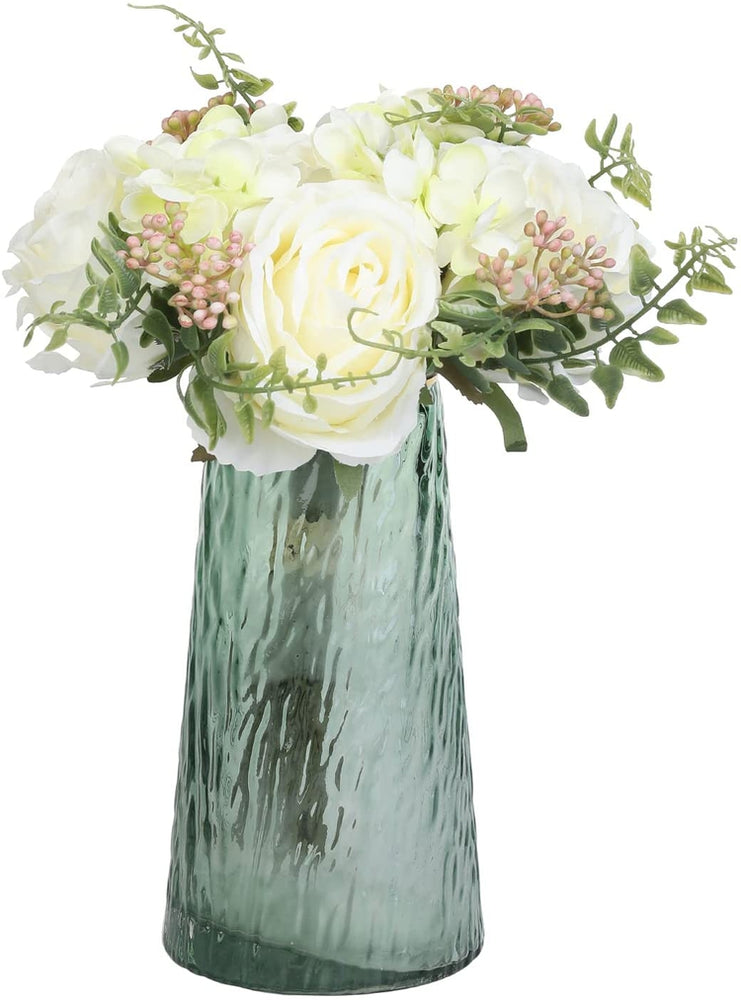 Artificial Roses Fake Flowers Bouquet with Green Tinted, Gold Rimmed Glass Vase-MyGift