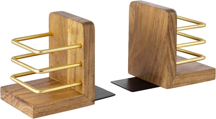Handcrafted Acacia Wood Bookend Set with Brass Tone Metal Wire Holder Slot Storage for Pens, Pencils, Office Stationery-MyGift