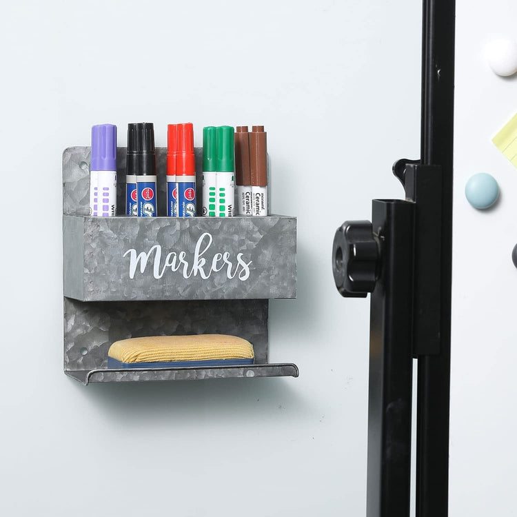 Wall Mounted Galvanized Metal Marker Holder with Storage Tray, Tiered Whiteboard Rack with Cursive MARKERS Label-MyGift