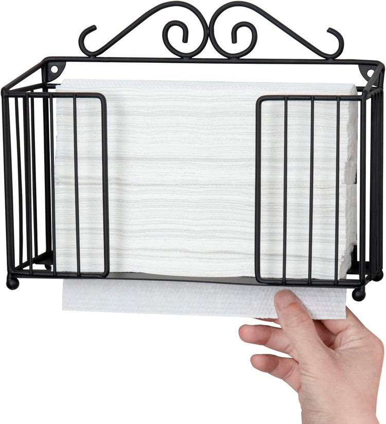 Black Metal Bathroom Folded Paper Towel Holder, Wall Mounted Disposable Napkin Dispenser Rack-MyGift
