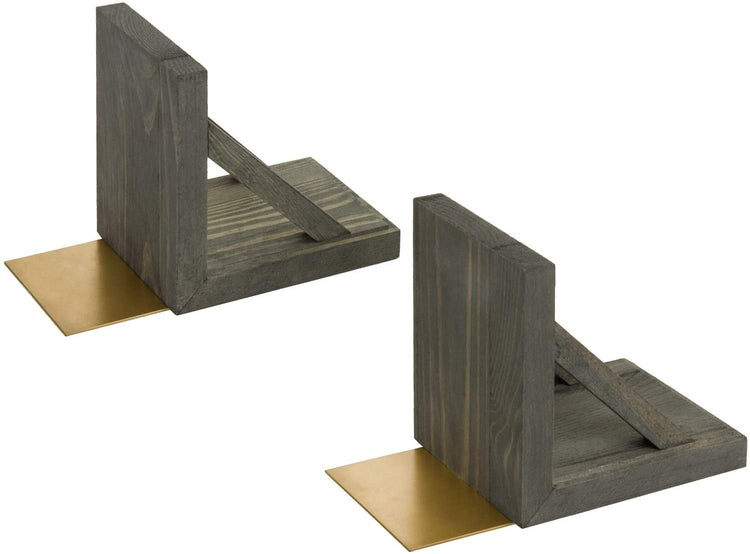 2-Piece Set Gray Wood and Brass Metal Decorative Desktop Bookends-MyGift