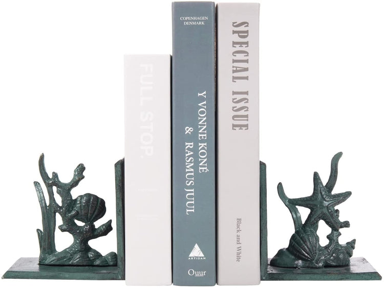 Coral Reef Bookends, Decorative Vintage Blue Cast Iron Ocean Under the Sea Design Book Holder-MyGift
