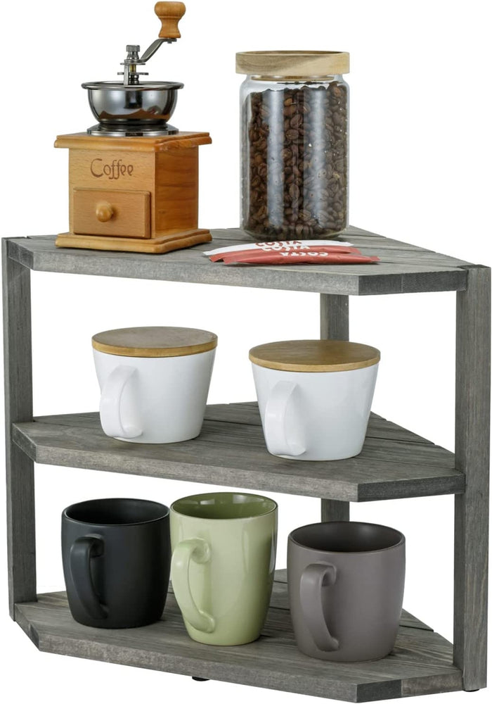 3-Tiered Weathered Gray Wood Kitchen Countertop Corner Organizer Shelf-MyGift