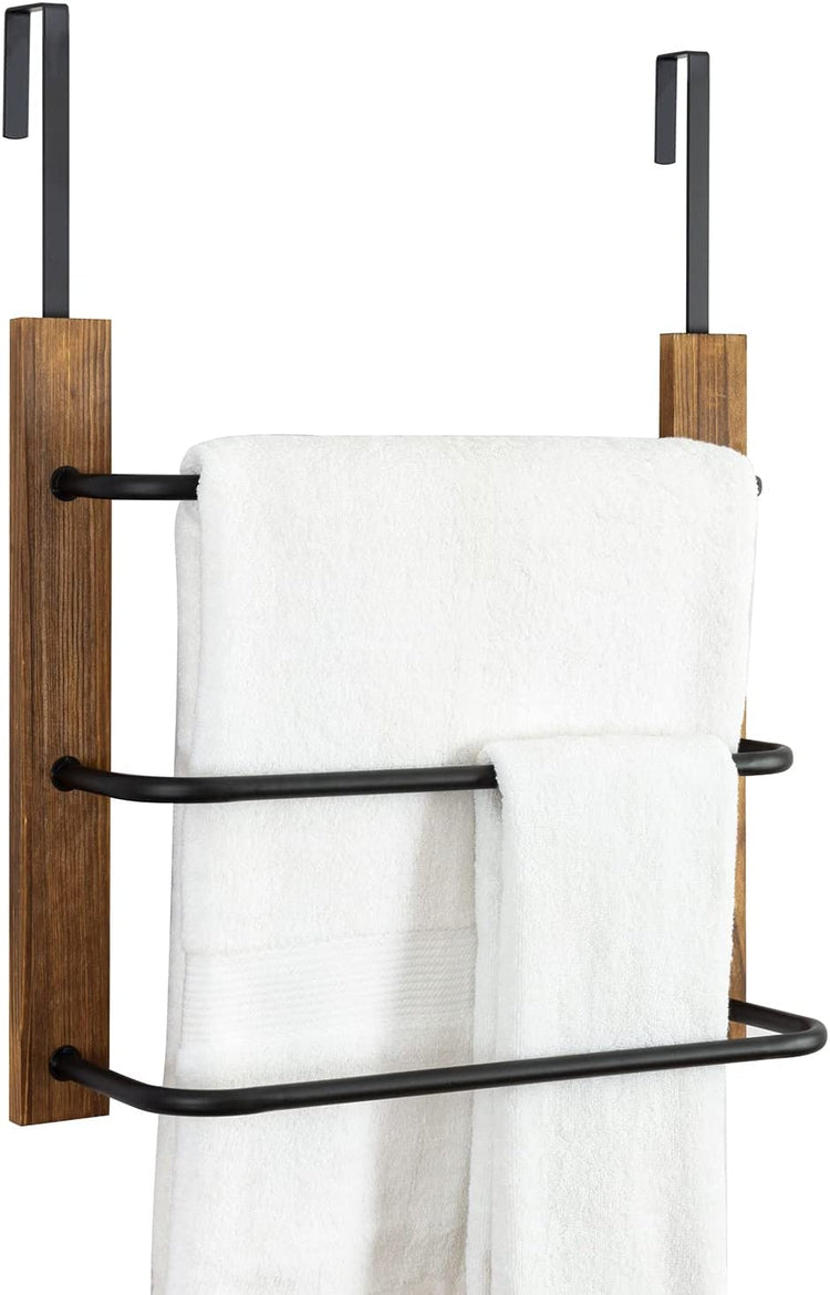 Tier Hanging Towel Bar, Bathroom Wood and Matte Black Metal Over