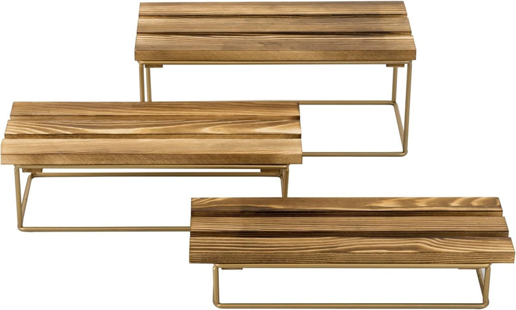 Tiered Burnt Natural Wood and Brass Tone Metal Wire Rectangular Stair Step Dessert Display Risers Cupcake Stands-MyGift