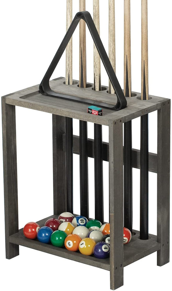 Gray Wood Billiards Pool Cue Rack Floor Stand with Ball and Chalk Storage Holder Slots-MyGift