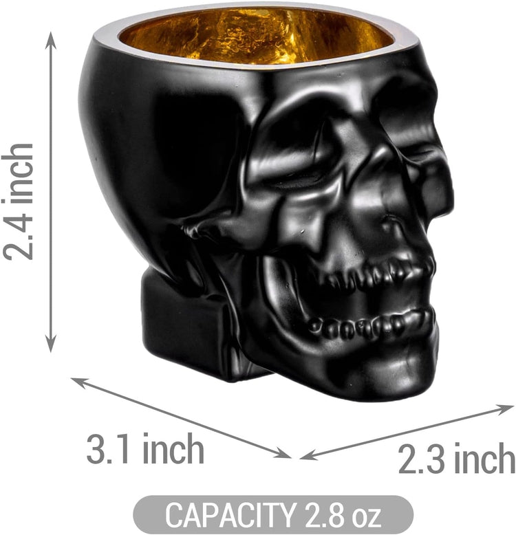 Set of 6, Skull Shaped Shot Glasses in Matte Black and Gold Tone, Spooky Halloween Skeleton Face Liquor Shooter Glass-MyGift
