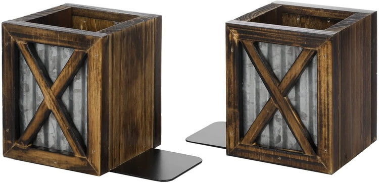 Burnt Wood Decorative Bookends, Wood and Galvanized Metal Desktop Book Stands with Pen Holder Storage Bins, 1 Pair-MyGift