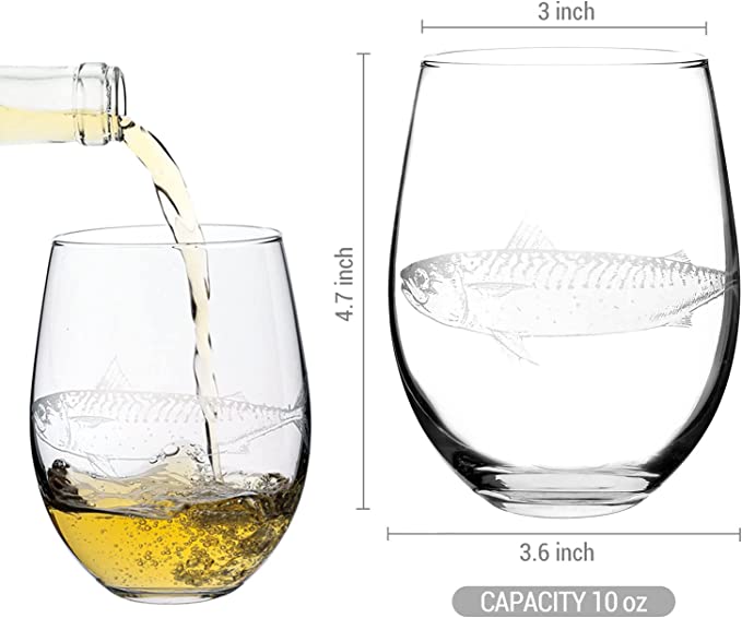 Set of 4 Etched Fish Sea Themed White Wine Stemless Wine Glasses, 10 oz-MyGift