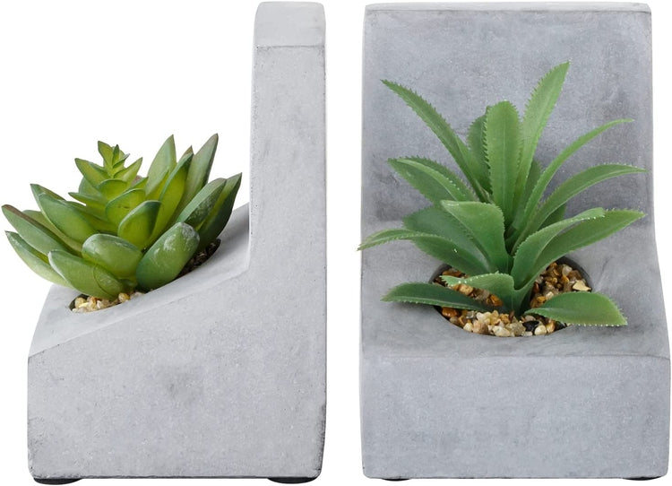 L-Shaped Concrete Bookends with Artificial Succulent Plants, Desktop Heavy Duty Book Stands-MyGift