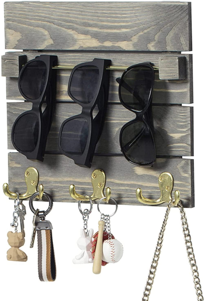 Wall-Mounted Weathered Gray Wood Sunglasses Holder with Brass Metal Hanger Bar and 3 Dual Key Hooks-MyGift